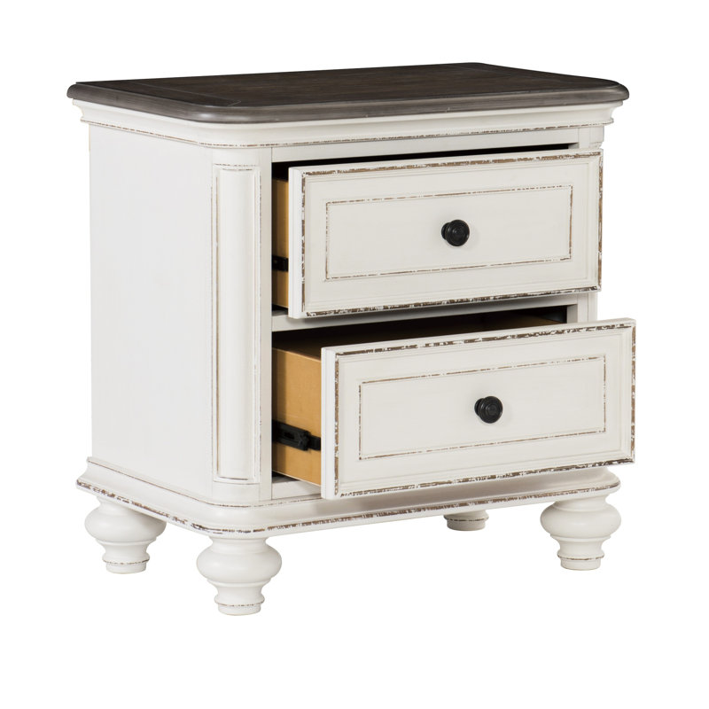 Table de chevet de style traditionnel avec table de chevet élégante blanche et brune antique, finition supérieure, 2 tiroirs, pièce de chambre à coucher