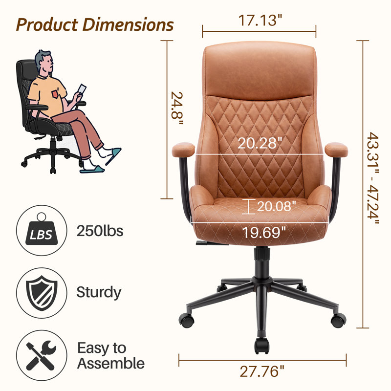 Fauteuil de bureau Joulon moderne, capitonné en cuir PU, avec pieds en métal, Brun