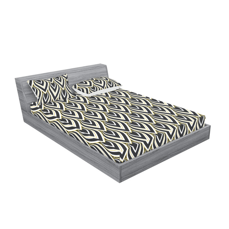 Ambesonne Fitted Sheet & Shams, Queen Sheet Set with 2 Pillowcases, Charcoal Gray/Mustard Abstract