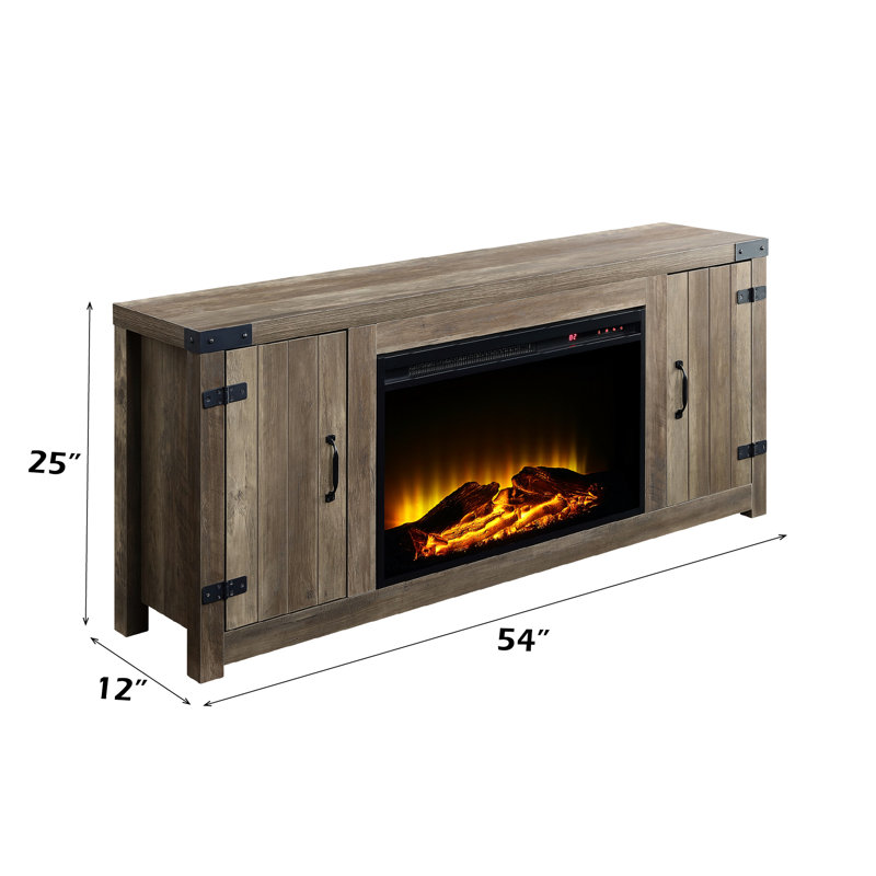 Meuble télé rectangulaire avec foyer, fini chêne rustique, 2 tiroirs de rangement, rangements sur les portes, plateau de 15 mm d'épaisseur, métal et bois composite, charge maximale de 45 kg, largeur 136 cm, hauteur 62 cm, profondeur 30 cm, finition antieffraction