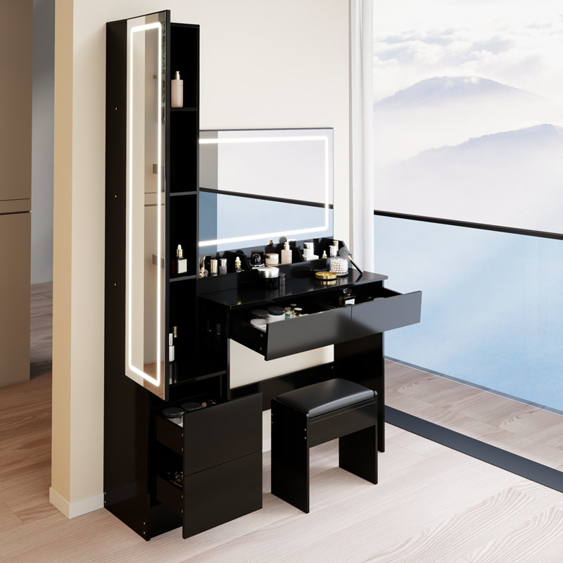Extra Large LED Mirror Vanity Table + LED Dressing Mirror Cabinet, Black