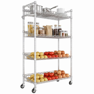Rolling Wire Storage Rack 4-Tier Chrome Basket Shelf with Locking Wheels, 350 lbs Capacity