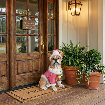 Statue de Noël bouledogue français de Noël, tenue de père Noël en tenue de père Noël rose