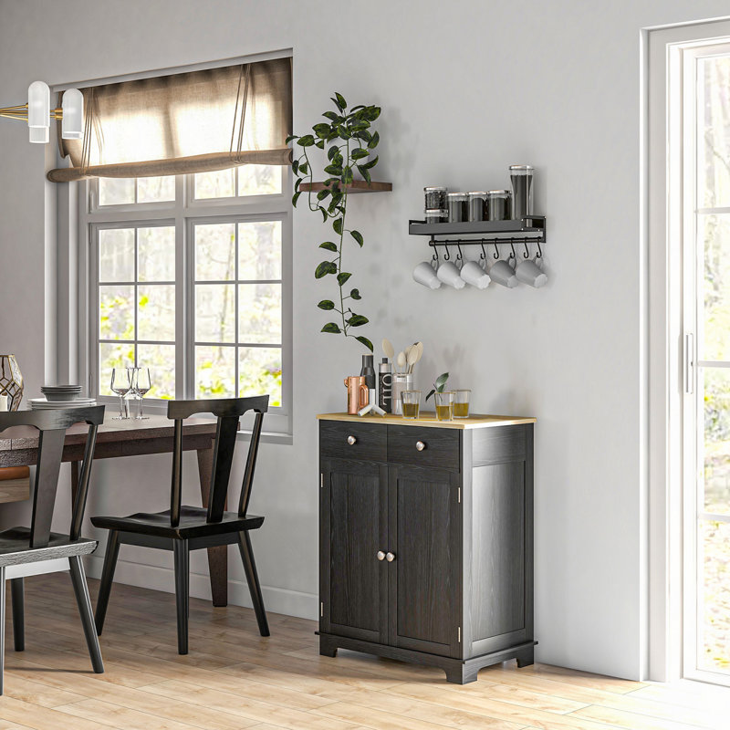 Sideboard With Solid Wood Countertop, Modern Kitchen Storage Cabinet, Coffee Bar Cabinet With 2 Drawers, Doors And Adjustable Shelf