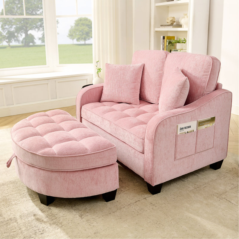 Canapé à deux places, canapé-lit double avec accoudoirs et dossiers irréguliers, repose-pieds avec espace de rangement, deux petits coussins décoratifs, convient au salon et à la chambre à coucher - rose