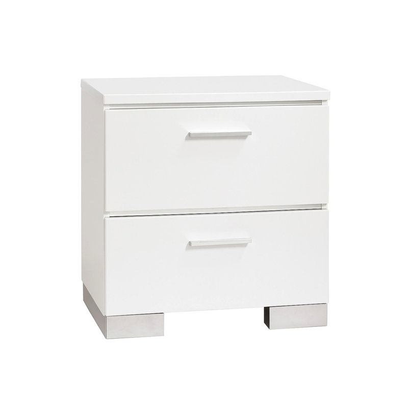 Table de chevet contemporaine blanche avec port, pieds et 2 tiroirs de rangement spacieux pour la chambre à coucher moderne, élégant et lustré avec grand décor intégré