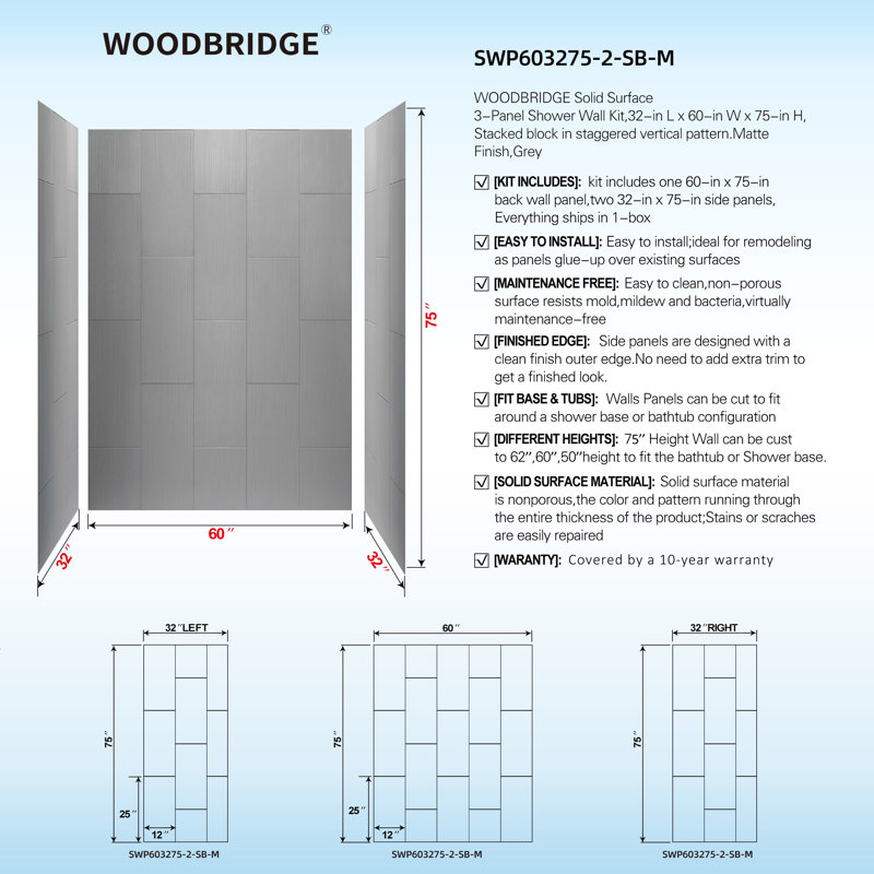 75/96" H Solid Surface Shower & Tub Wall Panel, Surround, Quick Install, Cuttable, 0.138" thick, Matte Gray