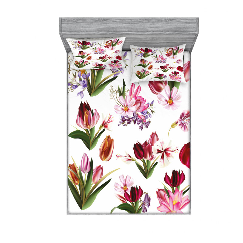 Microfiber Floral Sheet Set, Full/Double Sheet Set with Fitted Sheet