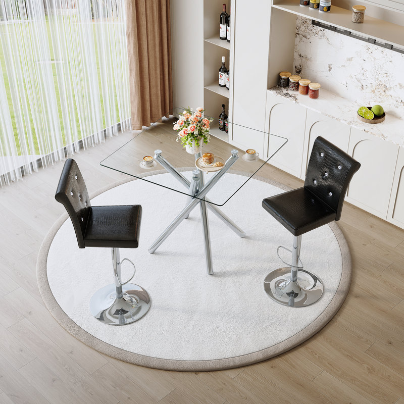 Table de bar moderne en verre et tabourets de bar réglables pour îlot de cuisine, bar personnel, petit espace, Noir, Argent
