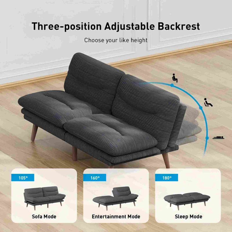 66”Convertible Futon Sofa Bed with Adjustable Backrest and 5-Level Armrests, Corduroy Futon Couch ,Sleeper Sofa Loveseat for Small Spaces, Apartment or Office,Gray