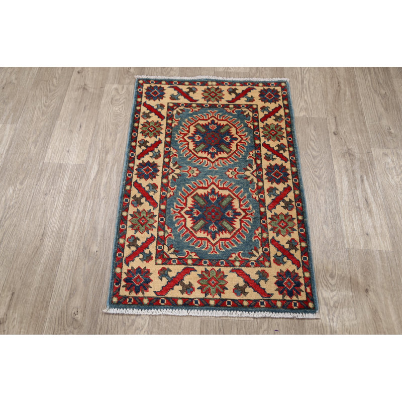 Tapis décoratif en laine de conception unique noué à la main new age kazak bleu/rouge/beige 2 pi x 3 pi