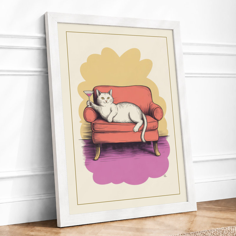 Cat On Coral Sofa Modern - Print, A4 - 29.7 x 21.0 cm, White