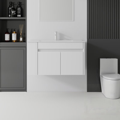 Meuble-lavabo flottant avec lavabo, porte à fermeture en douceur, lavabo en céramique, contreplaqué