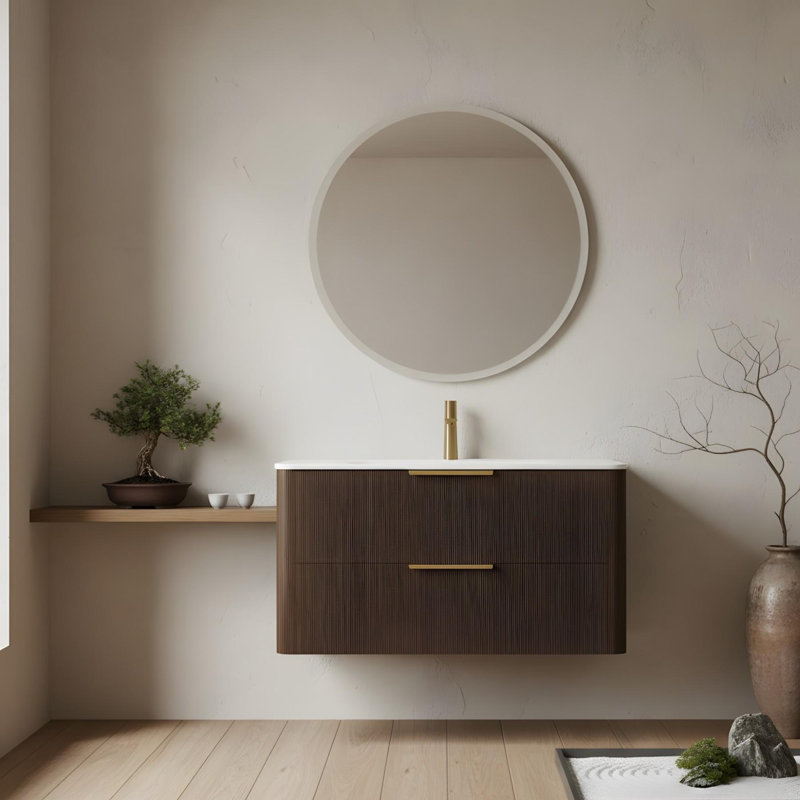 Meuble-lavabo mural 36 po avec 2 tiroirs et lavabo en céramique Carrara, Noyer, 36"