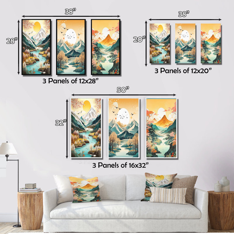 «Snow Covered Mountain Peaks», 3 pièces sur toile, H 32 po x l 48 po, Cadre naturel flottant