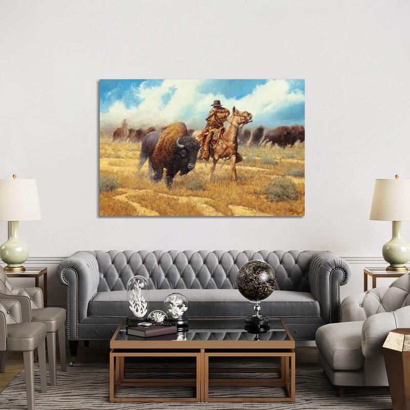 «Buffalo Hunter» par Joe Velazquez - peinture sur toile tendue, H 40 po x l 60 po x 1,5 po