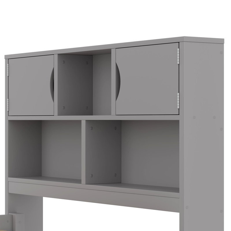 Structure de lit plateforme simple avec bibliothèques et tablettes de rangement, quatre tiroirs, gris, Gris