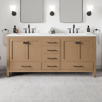 Meuble-lavabo double Aberdeen en chêne de 78 po avec comptoir en quartz de Carrare et lavabos encastrés en porcelaine