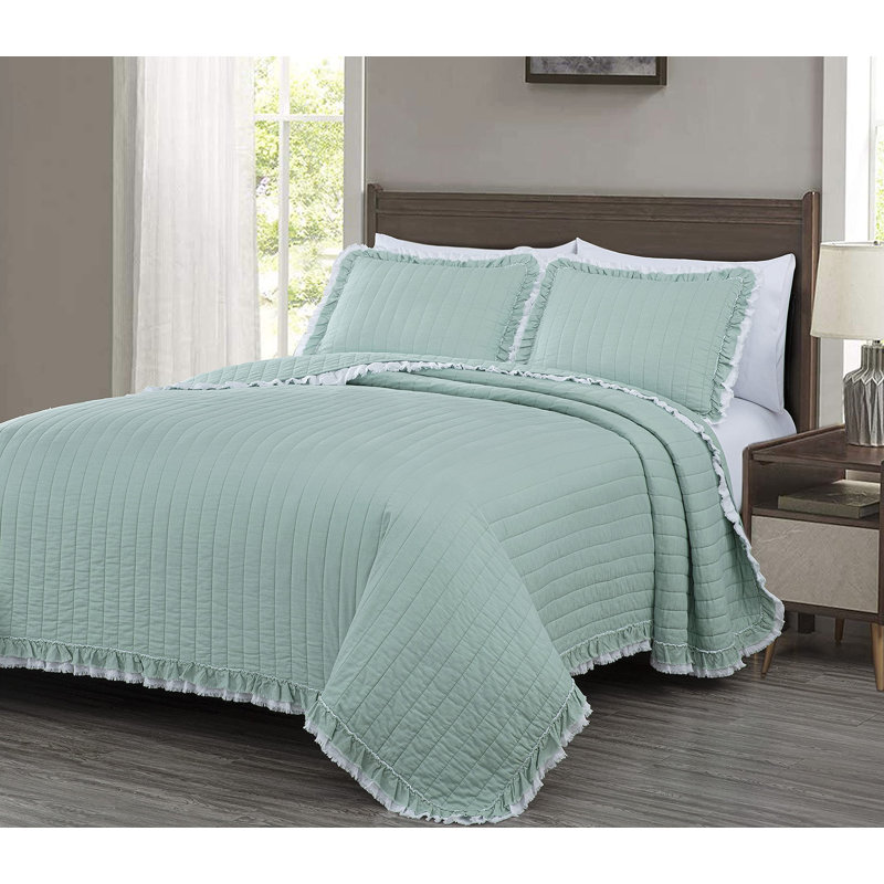 Bonnie Double Frayed Ruffled Edge Cotton Quilt Set, White/Aqua, Queen Quilt + 2 Standard Shams