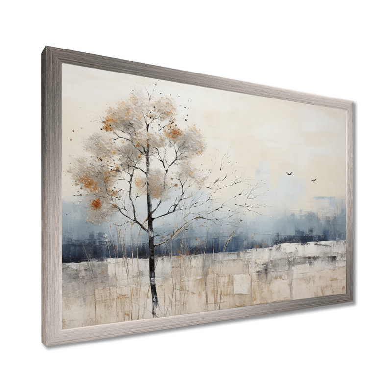 Minimalisme beige et bleu campagne II - impressions sur toile campagne, Cadre argenté, H 12 po x l 20 po x P 1 po