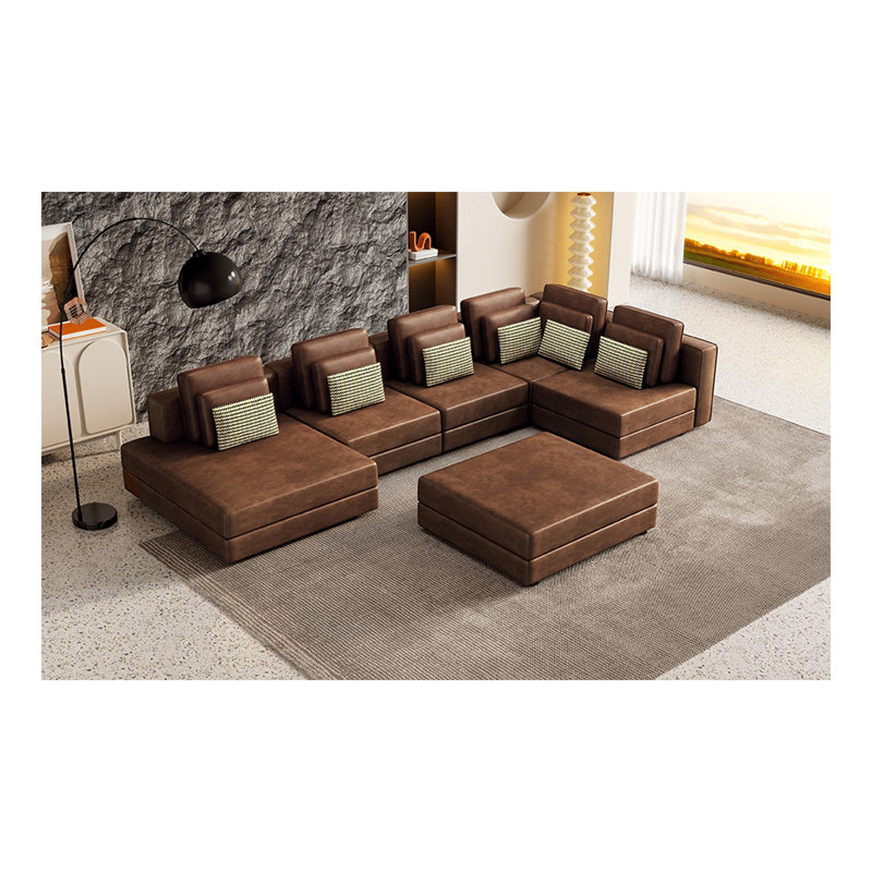 Canapé modulaire modulaire d'angle avec repose-pieds mobile pour le salon, Tissu brun Palomino