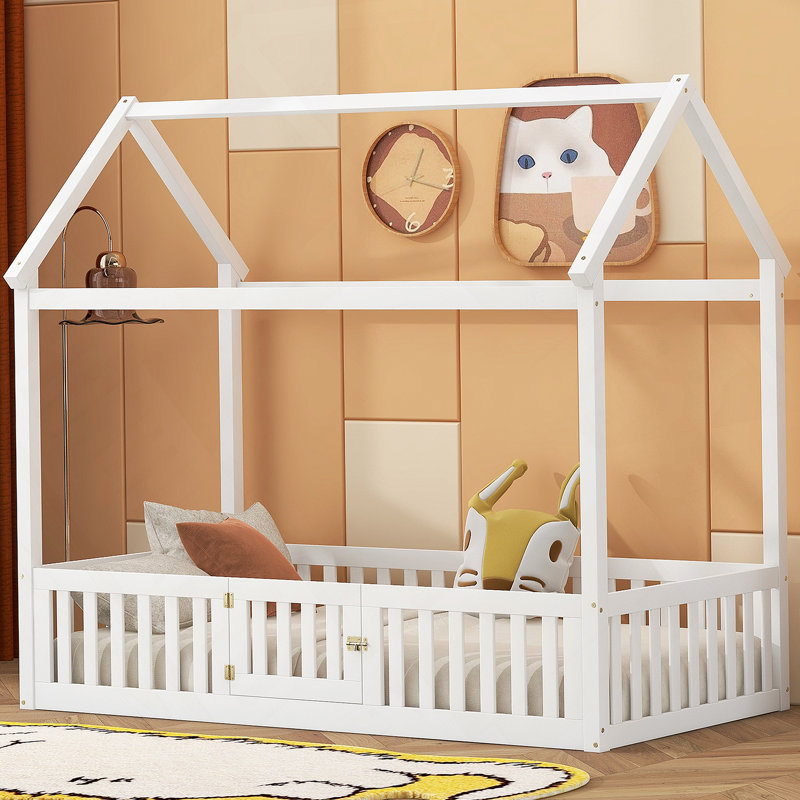 Lit simple en bois avec clôture et porte, blanc, Blanc
