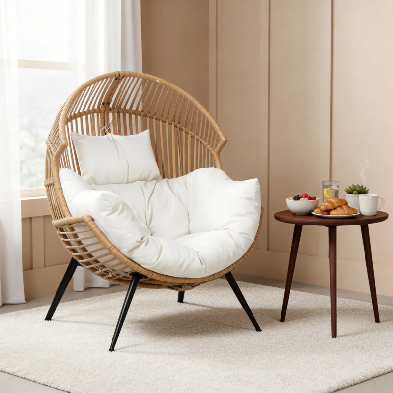 Oversized Rattan Egg-Shaped Chair With Comfortable Cushions. Suitable For Indoor Use In Living Rooms, Bedrooms, Balconies, Patios, And Outdoors. Light Brown.