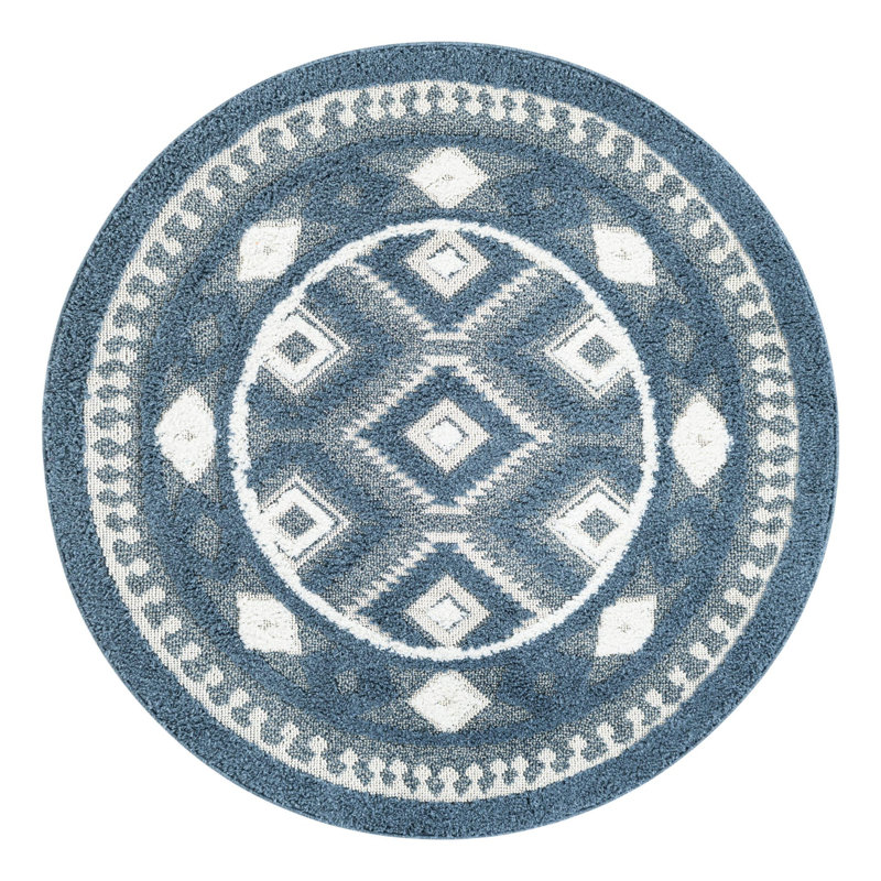 Tapis bleu en polyester tissé à la machine Josylin, Rond 5 pi 3 po
