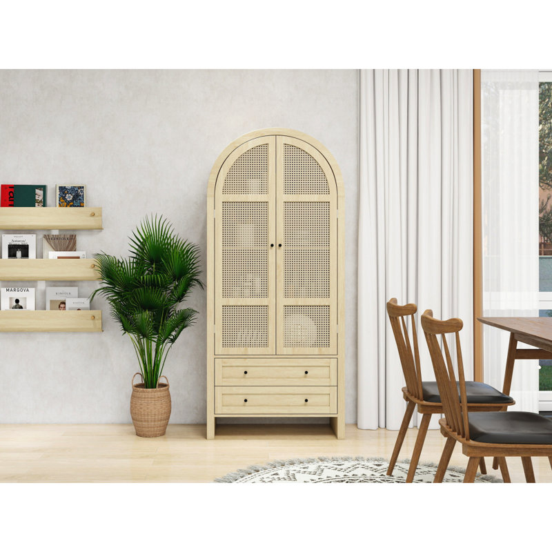 Garde-manger arqué de 70,28 po de hauteur, vitrine de rangement arquée avec 2 tiroirs et tablettes réglables, armoire de rangement polyvalente à porte en rotin pour la cuisine, la salle à manger et le salon