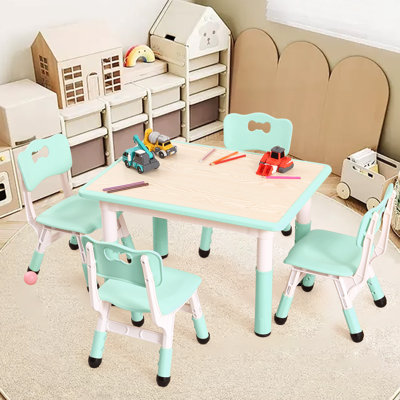 Ensemble de table et 4 chaises pour enfants, ensemble de table pour tout-petits et de chaises réglables de 32 po de hauteur avec pieds de bureau antidérapants et table de travail Graffiti, tables d'activités pour enfants d'âge préscolaire (bleu sarcelle)