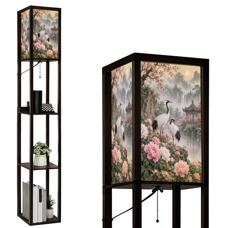Lampe sur pied DEL à intensité variable, motif paysage de montagne serein, cerisiers en fleurs et ruisseau tranquille, structure en MDF avec télécommande, 3 couleurs d'éclairage, pour salon ou chambre.