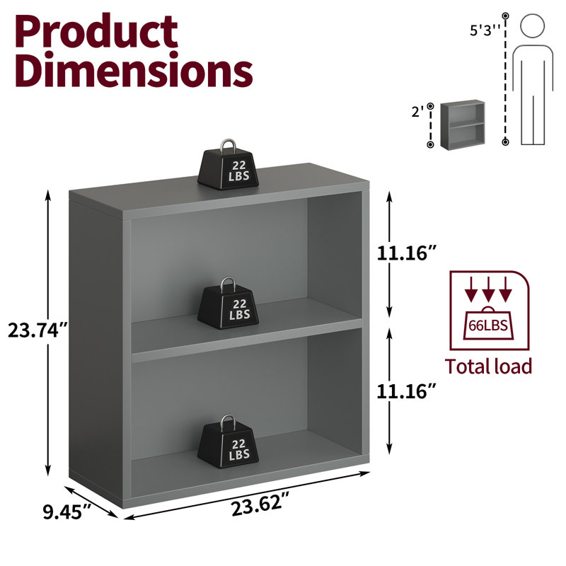 2-Tier Bookshelf Storage Shelves, 23.7 Inch Open Shelf Bookcase, Floor Standing Unit Wooden Bookcase Storage Organizer,Dark Gray