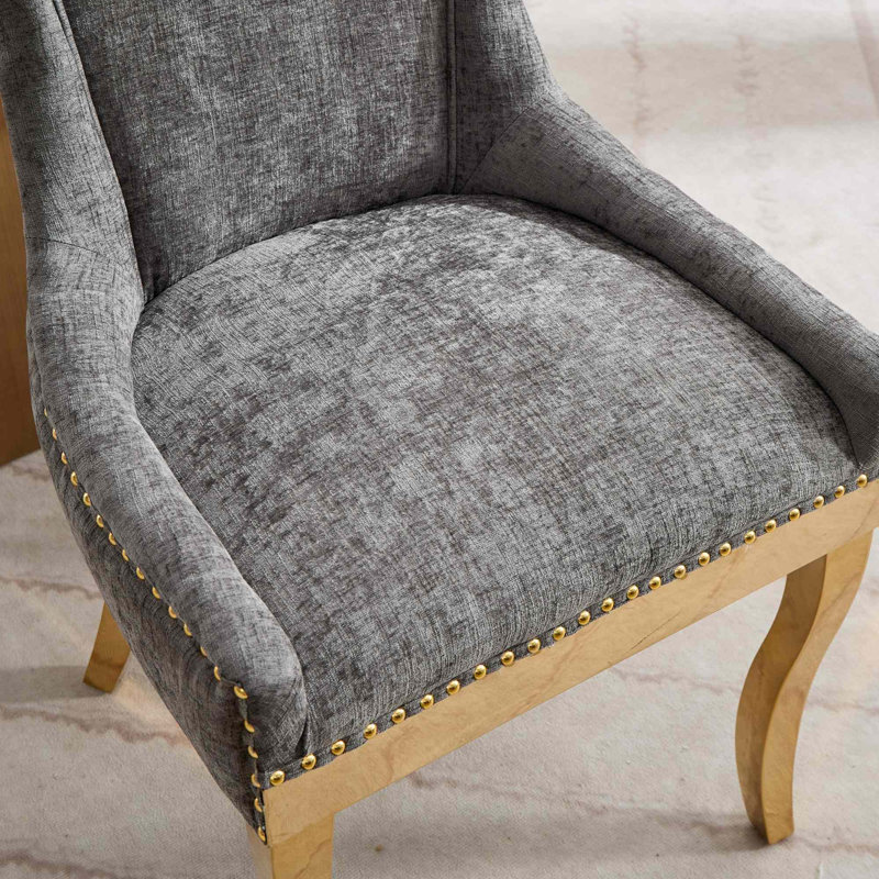 Liora Modern Glam Chenille Upholstered Dining Chairs with Gold-Plated Legs and Seamless Contour Design, Gray