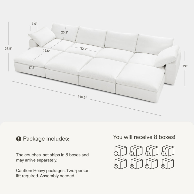 146.5" Modular Sectional Cloud Sofa with Extra-Deep 4-Seat and 4 Storage Ottomans for Living Room