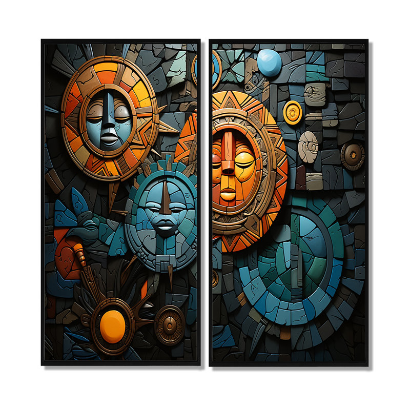 African Cultural Mosaic - Global Wall Art 2 Panels, 32" H x 32" W, Black, Framed Print without Mat