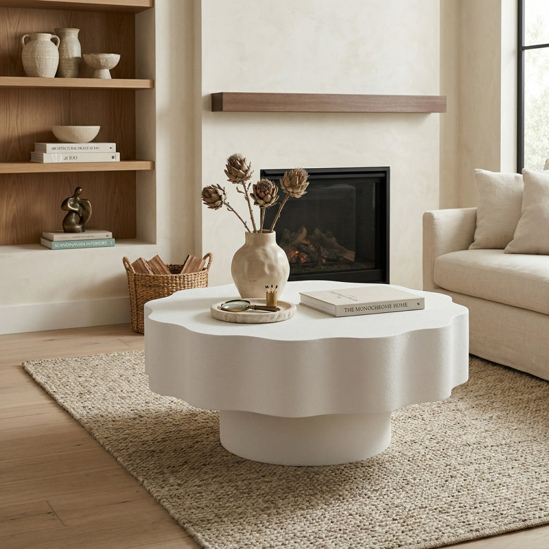 Table basse ronde blanche festonnée, Blanc, crème