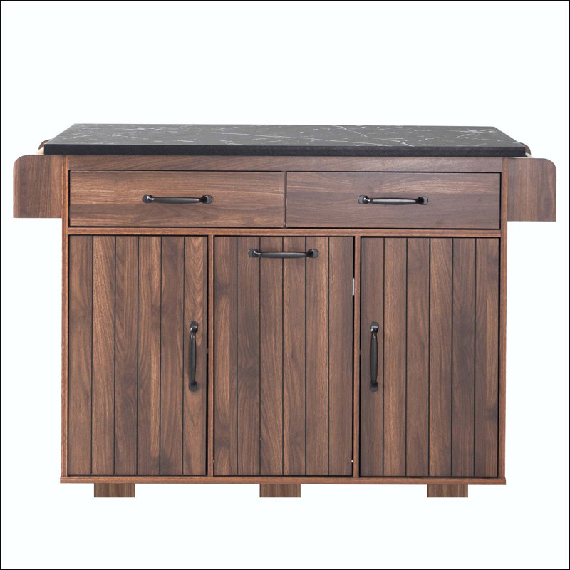 Îlot de cuisine avec poubelle basculante, abattant, rangement et chariot roulant, Walnut Brown