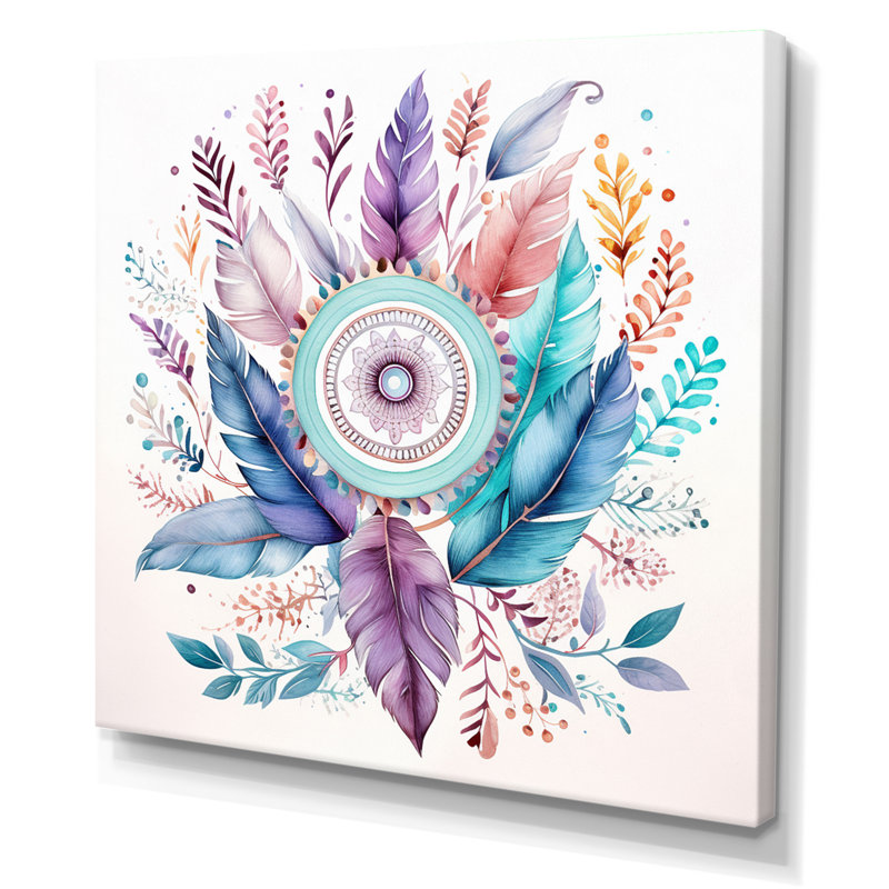 Attrape-rêves pastel turquoise Boho sur toile, H 16 po x l 16 po, Toile tendue