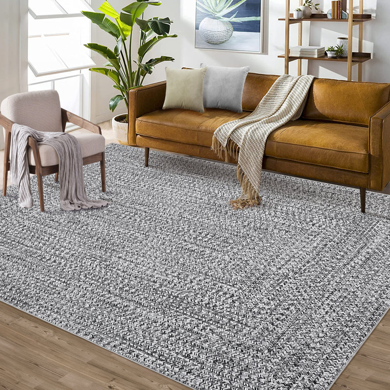 Braided Printed Texture Machine Washable Rug with Rubber Backing for Living Room Non-Slip Dining Room Rug Easy-Cleaning Floor Carpet for Bedroom