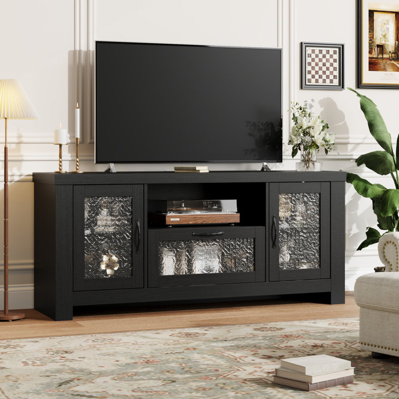 Garvee Farmhouse TV Stand for 55 Inch TV, Entertainment Center with Acrylic Door & Adjustable Shelves, Sideboard Buffet Storage Cabinet for Living Room Bedroom, Black