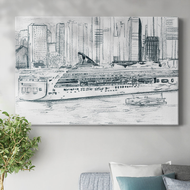Toile tendue avec embarcations de traversier II, H 8 po x l 12 po