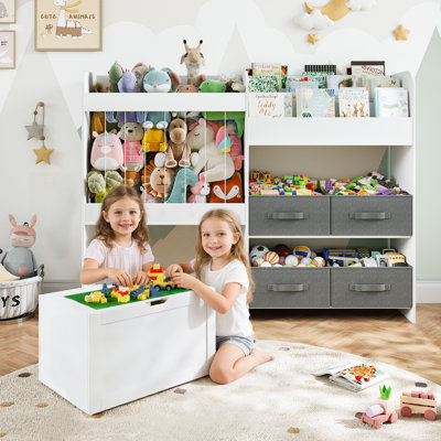 Organisateurs de boîtes à jouets de 51,1 po de largeur, bibliothèques pour enfants avec 4 bacs de rangement en tissu, grande boîte à jouets avec couvercle de bloc de construction mobile, rangement pour animaux en peluche pour chambre à coucher, salle de jeux, salon (blanc)