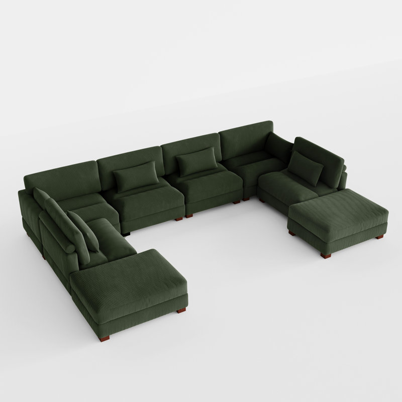 Maelina 8 - Piece Upholstered Green Corduroy Modular Sectional Sofa with Pillow Back and Removable Ottoman, Green Corduroy