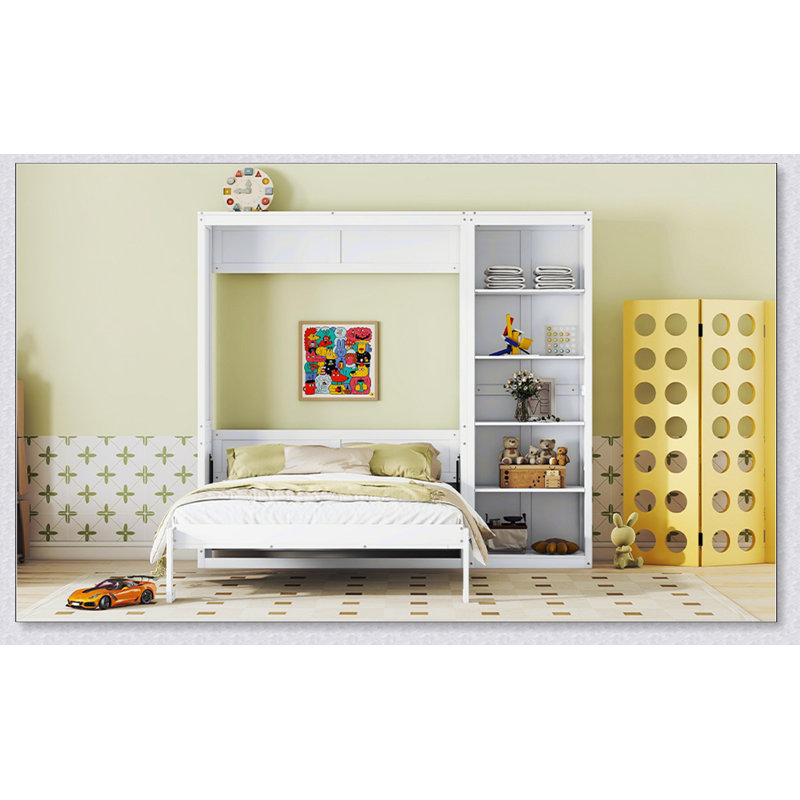 Grand lit escamotable mural avec tablettes, blanc