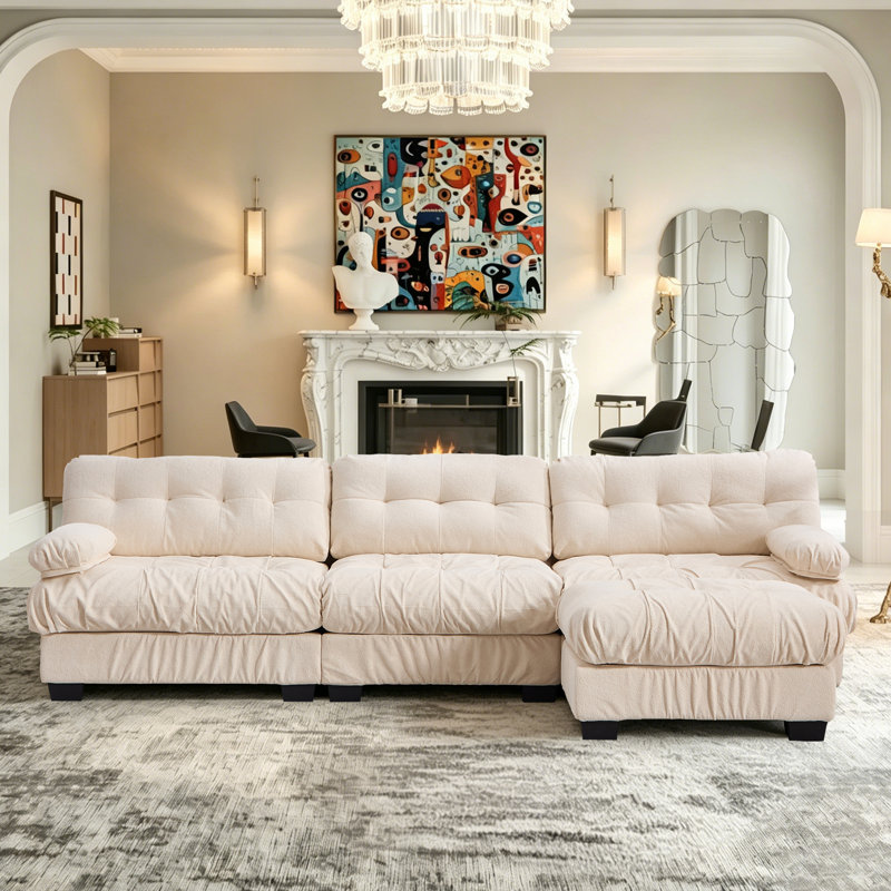 Lovis 123.10''W Fannelette Upholstered Sofa with Movable Ottoman,Deep Seat Sofa for Living Room Apartment, Beige Chenille