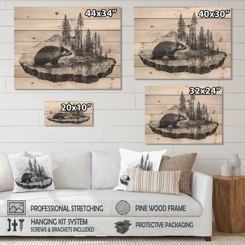 Beaver In Pine Monochrome Wood Slide II - Beaver Wood Print - On Natural Pine Wood, 30" H x 40" W x 0.78" D