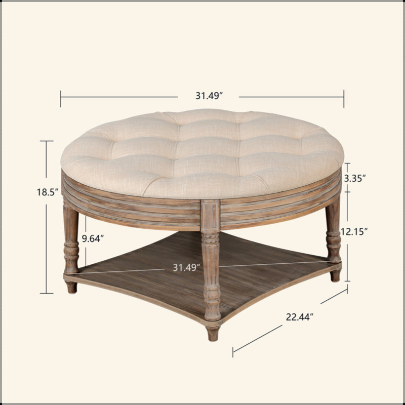 Large Round Waterproof Ottoman Coffee Table 2 Tier Oversized Button Tufted Ottoman With Wooden Shelf Storage Farmhouse Upholstered Coffee Table Living Room Footstool Ottoman Linen(Warm White)