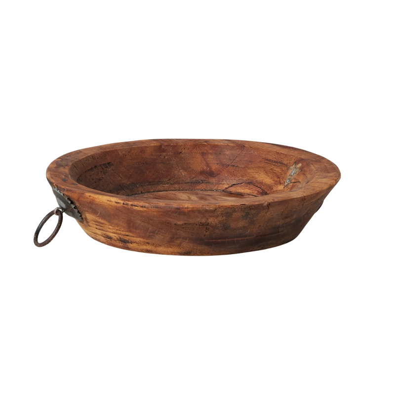 Vintage Wood Bowl with Iron Handle, 3"H x 10"W x 10"D