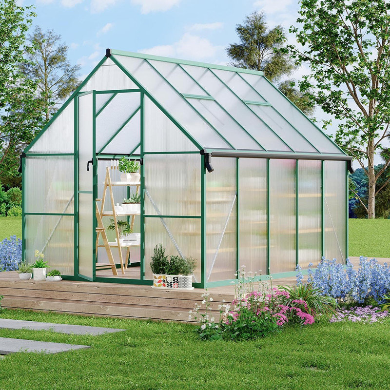 8'x10' Aluminum Frame Polycarbonate Greenhouse with Roof Vent & Gutter, Heavy Duty Outdoor Kit, Green