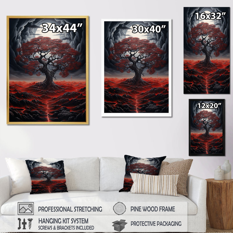 " Occult Red Tree Full Moon Mountain Magic ", Gold Floater Framed, 40" H x 30" W x 1.5" D
